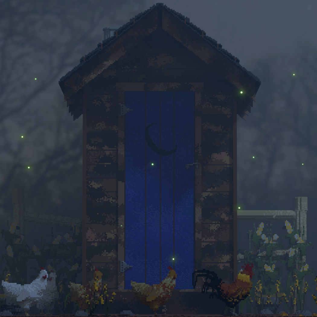 3D Voxel Art of an old Outhouse and Chickens.